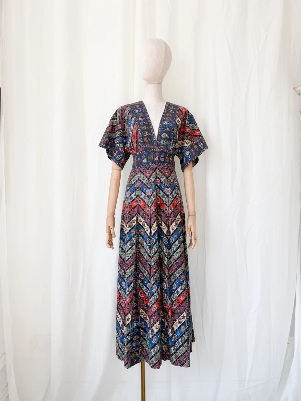 Vintage 70s Polly Peck Liberty of London Cotton Paisley Chevron Maxi Dress